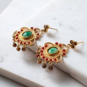 Tigers Eye and Emerald Beaded Earrings
